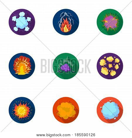 A set of icons about the explosion. Various explosions, a cloud of smoke and fire.Explosions icon in set collection on flat style vector symbol stock web illustration.