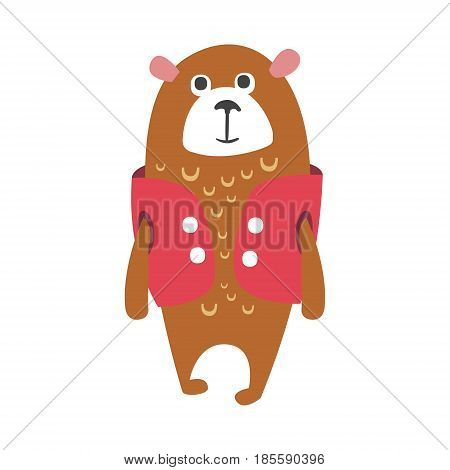 Cute cartoon brown teddy bear in cerise vest standing. Funny lovely animal colorful character vector Illustration isolated on a white background