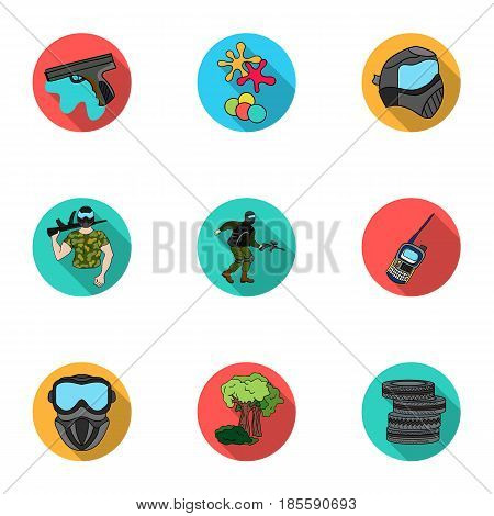 A collection of pictures about the game in paintball. The balloons with paint.Paintball icon in set collection on flat style vector symbol stock web illustration.
