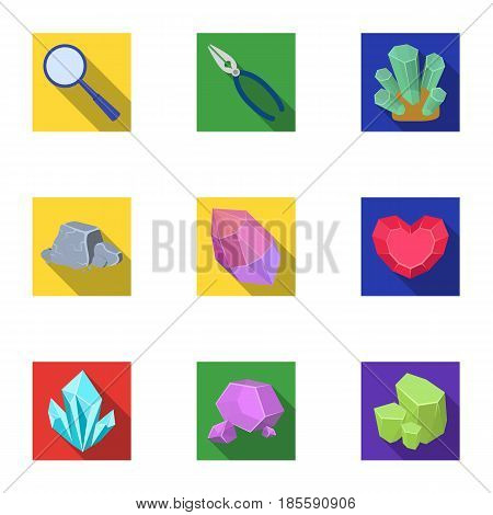 A set of jewelry, crystals, minerals and expensive metals. The jeweler inspects the ornaments.Precious minerals amd jeweler icon in set collection on flat style vector symbol stock web illustration.