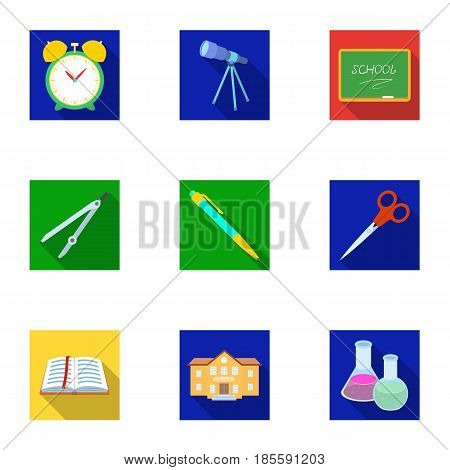 Set of pictures about the school. Study training. Supplies for school.Outfit of the student. School and eduacation icon in set collection on flat style vector symbol stock web illustration.