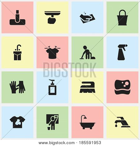 Set Of 16 Editable Cleanup Icons. Includes Symbols Such As Faucet, Unclean Blouse, Sweep And More. Can Be Used For Web, Mobile, UI And Infographic Design.