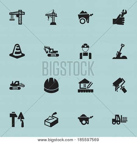Set Of 16 Editable Construction Icons. Includes Symbols Such As Handcart , Oar , Spatula. Can Be Used For Web, Mobile, UI And Infographic Design.