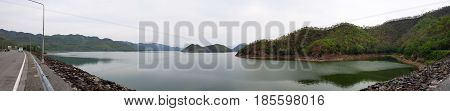 Panorama view of Srinakarin dam in Kanchanaburi, Thailand.