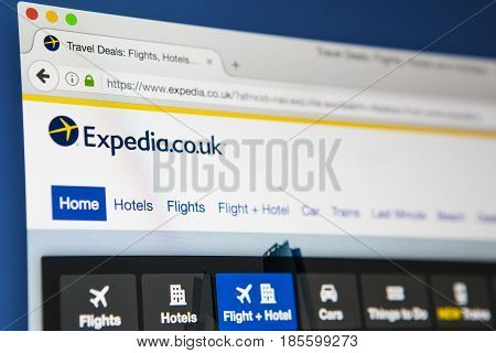 LONDON UK - APRIL 15TH 2017: The homepage of the official website for Expedia an online travel and booking website on 15th April 2017.