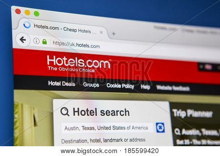 LONDON UK - APRIL 15TH 2017: The homepage of the official website for Hotels.com a site for booking hotel rooms online on 15th April 2017.