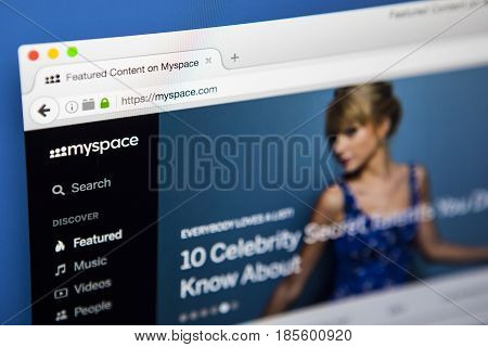 LONDON UK - APRIL 20TH 2017: The homepage of the official Myspace social networking website on 20th April 2017.