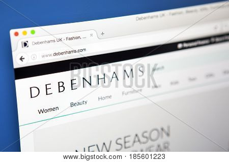 LONDON UK - APRIL 20TH 2017: The homepage of the official website for Debenhams the British multinational retailer on 20th April 2017.