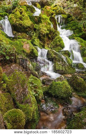 Spring water flows from the mossy rocks, close up