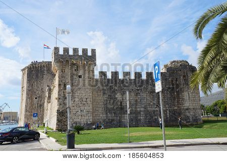 TROGIR, CROATIA - OCTOBER 20, 2016: The walls of ancient venetian Camerlengo fortress in Trogir, Croatia