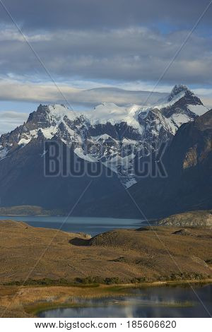 Peaks of Torres del Paine towering over the waters of  Lago Nordenskjold in Torres del Paine National Park in southern Chile
