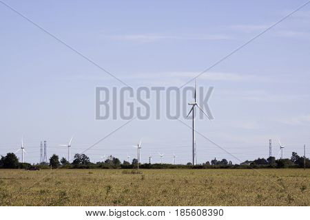 Wide landscape of multiple wind turbines in a farmer's field near Windsor, Ontario with the moon visible on a sunny late afternoon in September.