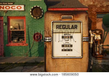 Commerce Oklahoma - July 7 2014: Detail of a gas pump in an old gas Conoco Gas Station along the historic Route 66 in the town of Commerce Oklahoma USA.