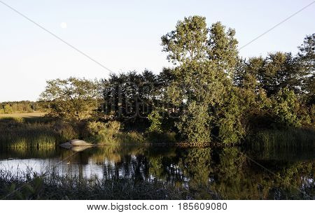 Landscape scene of a small river shoreline with trees foliage and reflections in the water near Windsor, Ontario with the moon visible on a sunny late afternoon in September.
