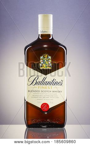 Tullamore Dew whiskey isolated on white background. Tullamore Dew is blended Irish whiskey produced by William Grant and Sons since 1829.