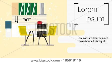 Modern Kitchen Interior vector flat design. Empty No People Kitchen Illustration Kitchen with furniture. Cozy kitchen interior. -stock vector