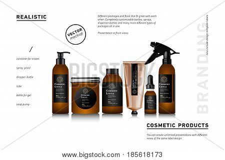Realistic brown bottle for cosmetic cream container. Spray bottle. Tube for ointment, lotion, balsam. Mock up bottle. Soap pump bottle. Gel, balsam, with design label. Cosmetic products package.