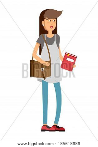 Vector detailed character people, character young women or sudent with book, woman in casual clothing style. Creative woman isolated on white background