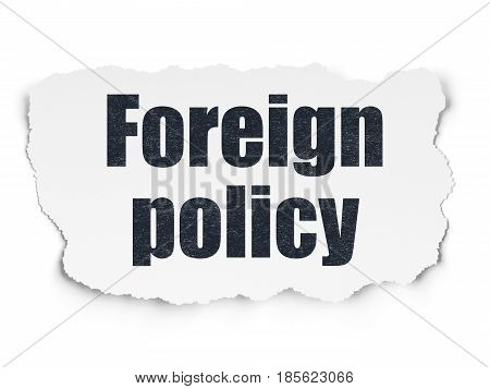 Politics concept: Painted black text Foreign Policy on Torn Paper background with  Hand Drawn Politics Icons