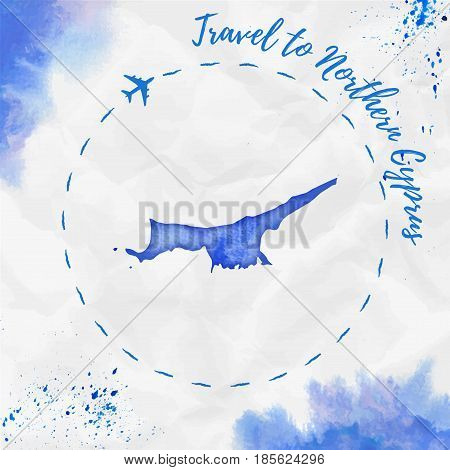 Northern Cyprus Watercolor Map In Blue Colors. Travel To Northern Cyprus Poster With Airplane Trace