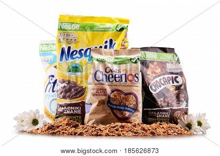 Four Packages Of Nestle Breakfast Cereals Isolated On White