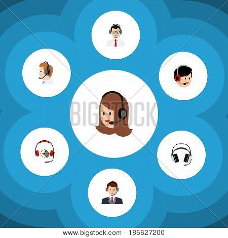 Flat Telemarketing Set Of Operator, Headphone, Telemarketing And Other Vector Objects. Also Includes Support, Center, Hotline Elements.