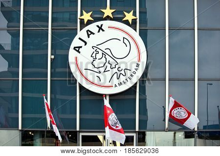 Amsterdam, Netherlands - April, 2017: Ajax logo on Amsterdam Arena, Netherlands