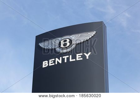 Dardilly, France - February 26, 2017: Bentley logo on a panel. Bentley is a British manufacturer and marketer of luxury cars and a subsidiary of Volkswagen since 1998