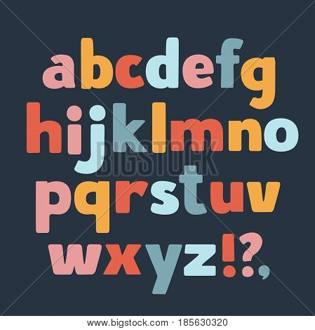 Vector cartoon funny lower case letters in different colors, question, exclamation point, comma on dark background