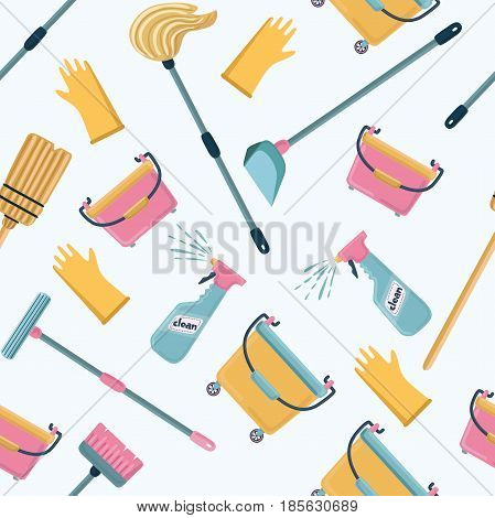Vector cartoon funny pattern of cleaning tools. Cleaning service color illustrations