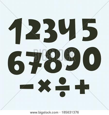 Vector set of numbers: white and black Authors font,. Hnad darwn sights on a white background.