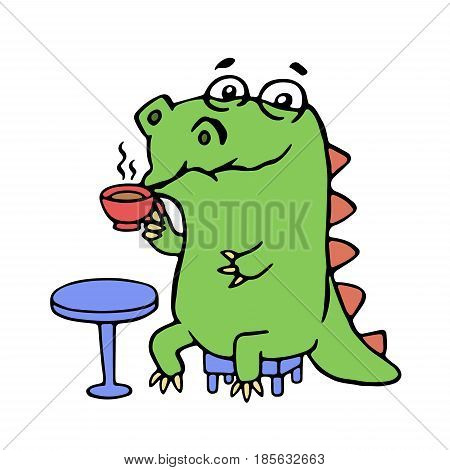 cute dinosaur drinking coffee.. vector illustration. cartoon character.