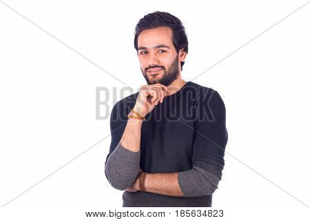 Happy handsome beard young man smiling and standing confidently and holding his chin by his hand guy wearing gray t-shirt isolated on white background