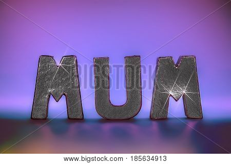 Mum word in glamorous sparkling silver foil letters with pink lights providing background and reflection. Feminine with seventies party style glam. Ideal birthday mother's day and party occassion image.