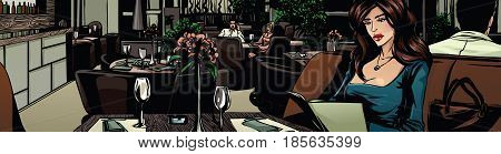 A beautiful woman in a restaurant. Vector illustration