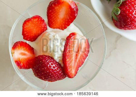 Ice cream with strawberries. Delicious and beautiful dessert.