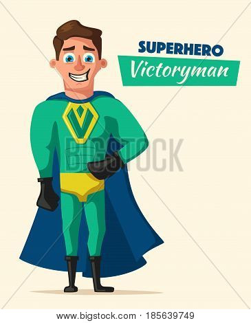 Superhero in uniform. Cartoon vector illustration. Good man. Hero character. Muscular body. Person in cloak. Justice and help. For banners and posters