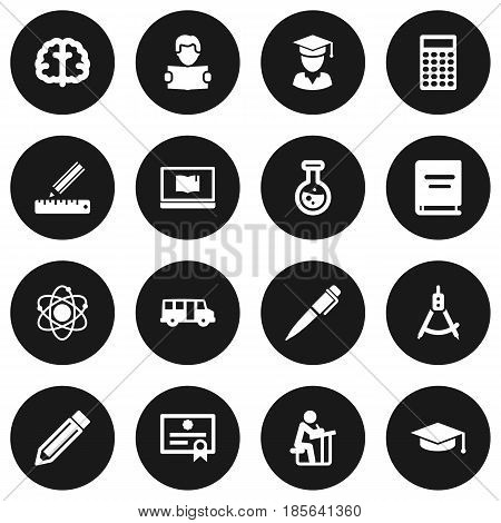 Set Of 16 Education Icons Set.Collection Of Academic Hat, School Autobus, Molecule And Other Elements.