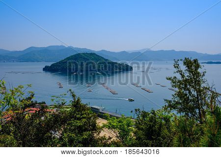 Inland sea near Hiroshima with vegetation and oyster racks
