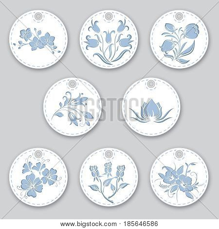 A set of tags for decorating your ideas. Flower prints. Cutting paper. Vector illustration.