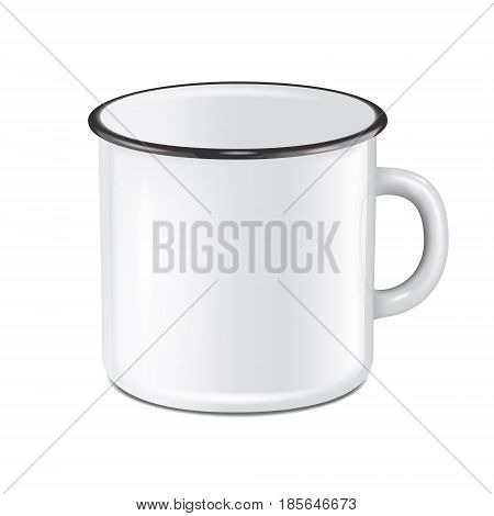 Vector illustration of realistic enamel metal white mug isolated on white background. EPS10 design template for Mock up.