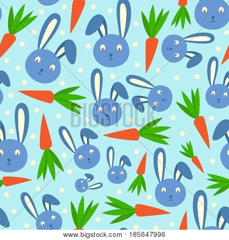 Happy adorable rabbit cartoon character face head cheerful mammal and carrot holiday seamless pattern.