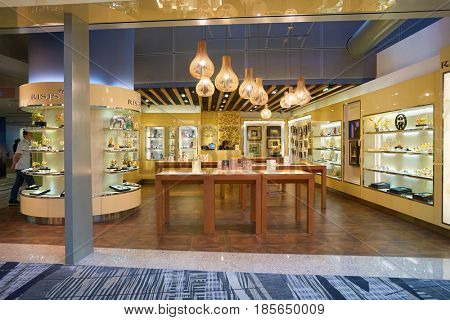 SINGAPORE - CIRCA AUGUST, 2016: Risis jewellery store at Singapore Changi Airport. Changi Airport is one of the largest transportation hubs in Southeast Asia.