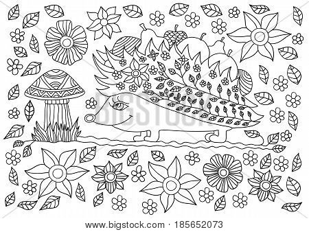 Monochrome ink drawing. Cute hedgehog with fruits and mushrooms. Coloring book for adults and children