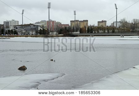 football stadium and river Oulujoku in finnish Oulu,