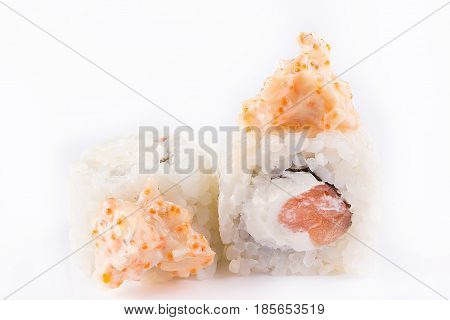 Japanese Cuisine, Sushi Set: Roll With Salmon, Shrimp, Cream Cheese, Tobiko Caviar, Japanese Mayonna