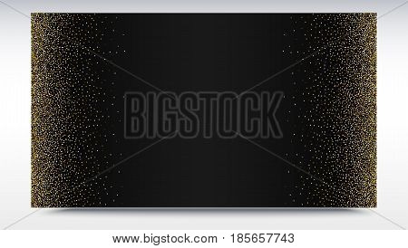Black gradient backdrop with golden, shiny, glitter dust. Abstract metallic pattern. Horizontal picture frame. Template for advertisement, VIP or luxury card, selling banner, cover and other design.