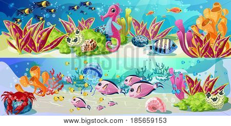 Cartoon bright marine life horizontal banners with fishes seahorse crab jellyfish shell natural seaweeds corals plants vector illustration