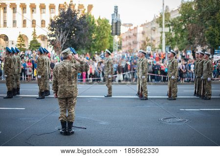 19th August 2016. Ukrainian Army parade rehearsal on the eve of Independence Day in Kiev, Maydan Nezalezhnosty (Independence Square).