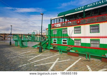 Prague Czech Republic - March 20 2017: Botel Admiral on the Vltava river in Prague.In Admiral Botel is romantic and comfortable accommodation in a central location Prague.